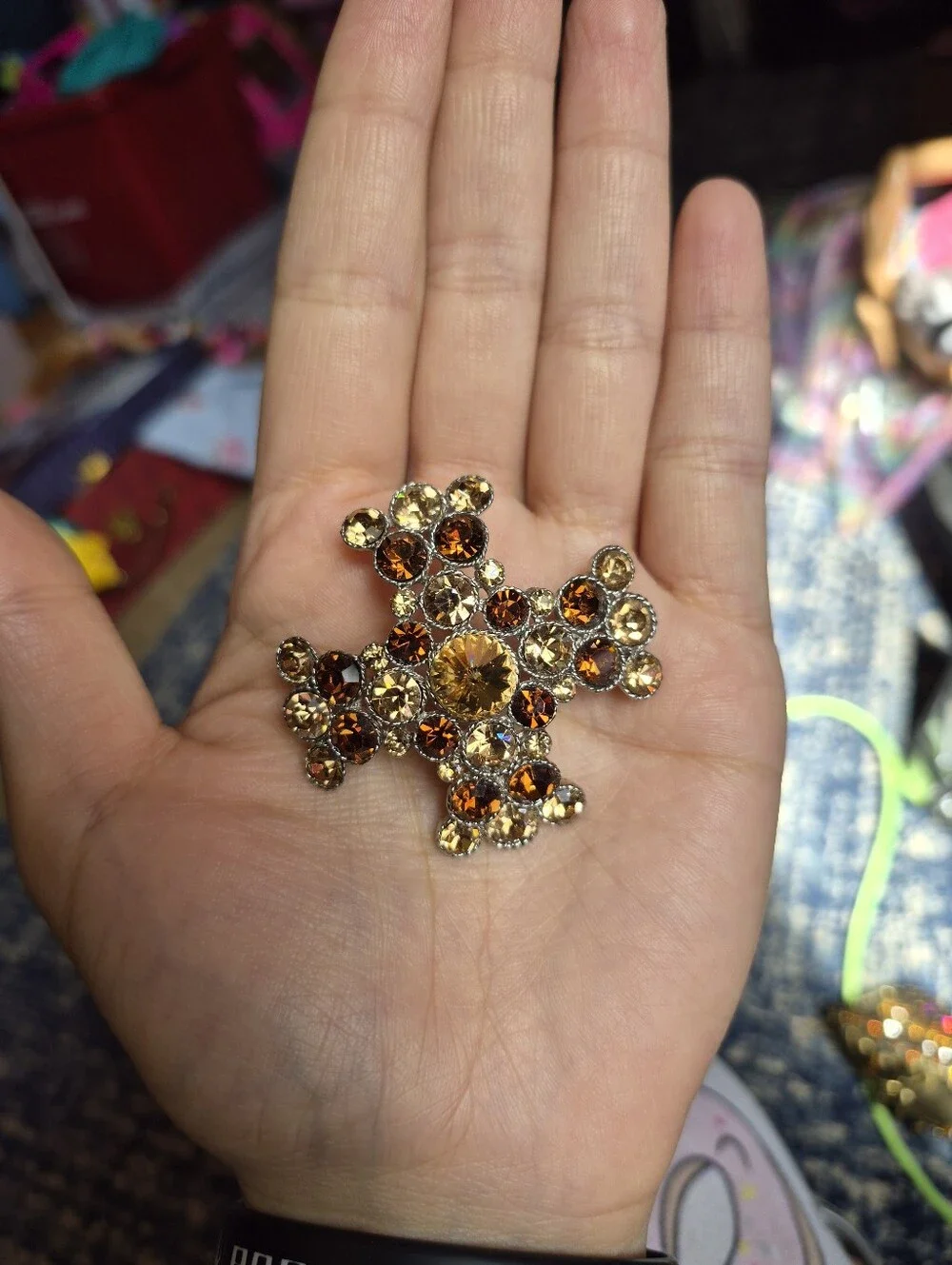 Gold and Amber Crystal Brooch - Elegant Floral Pin